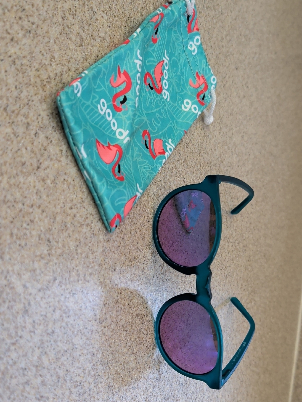 Goodr Teal Sunglasses with Pink Lenses and Flamingo Pouch